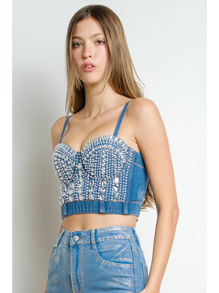 IC2653 Faux Pearl and Rhinestone Denim Corset Top for wholesale on Faire2
