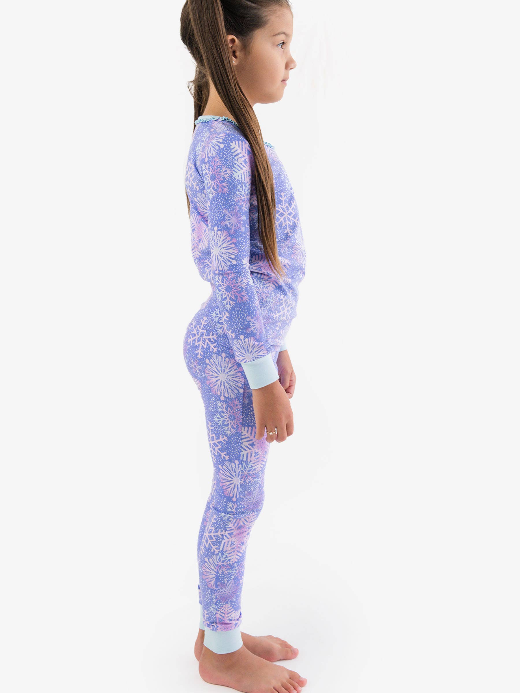 Blue SoftSnooze™ Girls Cotton Modal Shimmer Snowflakes Ruffle Long Sleeve Pajama Set for wholesale on Faire2