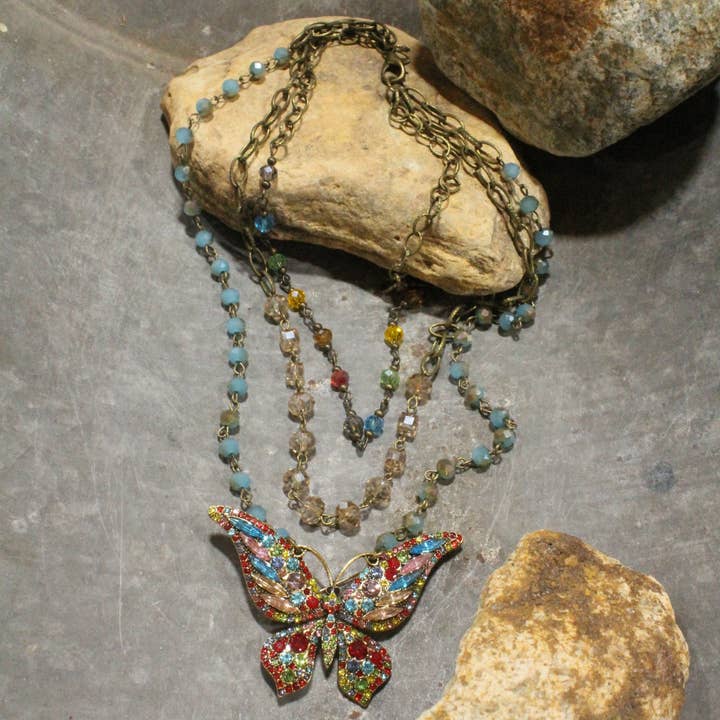 Just Dance Multi Butterfly Layered Necklace for wholesale by The Primitive Peddler, Inc.