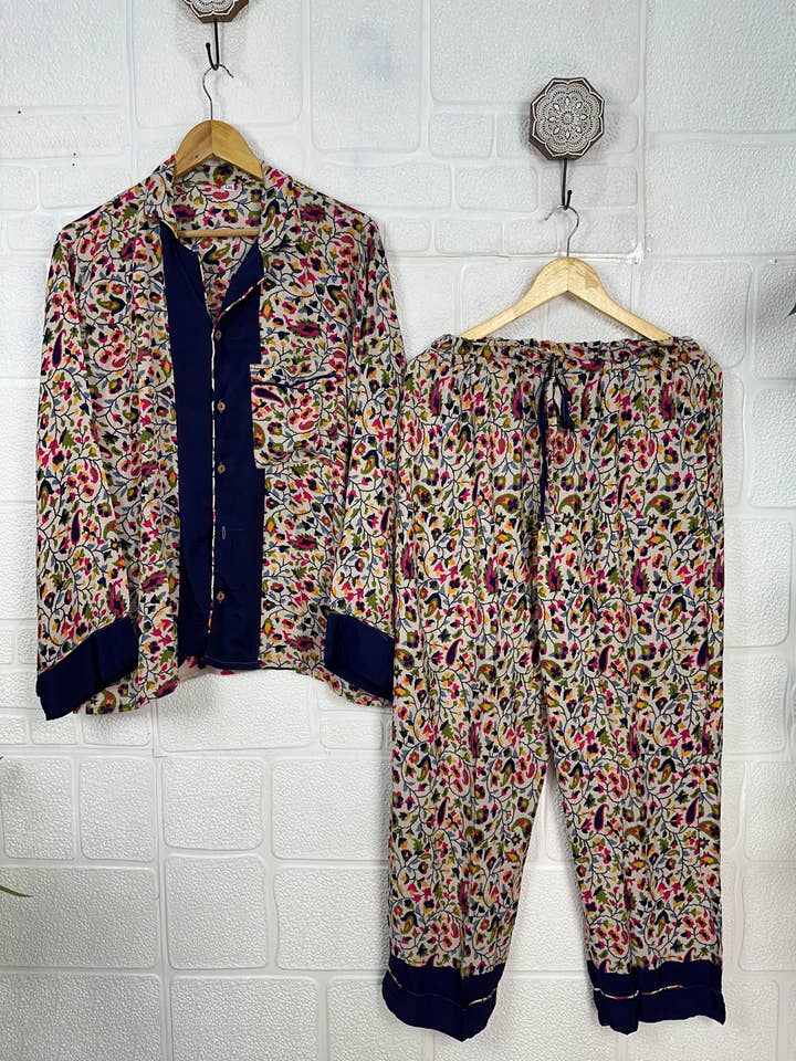 Recycle Silk PJ Set, Relaxed Fit Pajama Set, Soft Night Suit for wholesale by The Eastern Loom