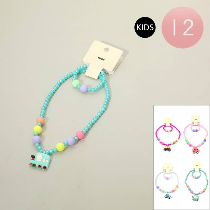 12 SET OF 2 - Kids Vehicle Pendant Beaded Jewelry Set for wholesale by Sensibling Corp.