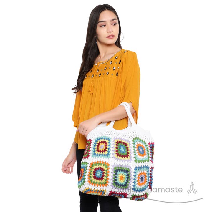 White Wool Patchwork Tote | Handmade Multicolor Carryall for wholesale by Bonjour Namaste