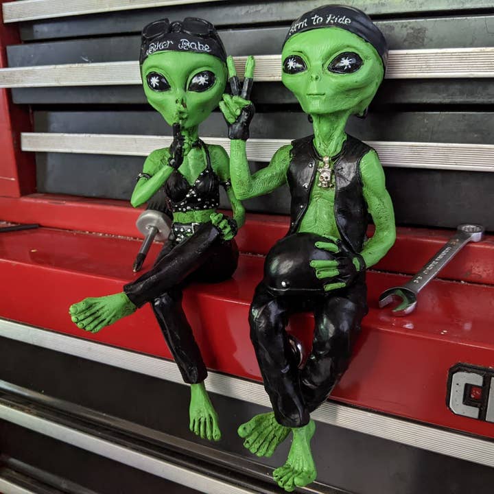 Alien Invasion Biker Babe & Dude Ledge Lounger Set 10" tall for wholesale by John Bernard & Company