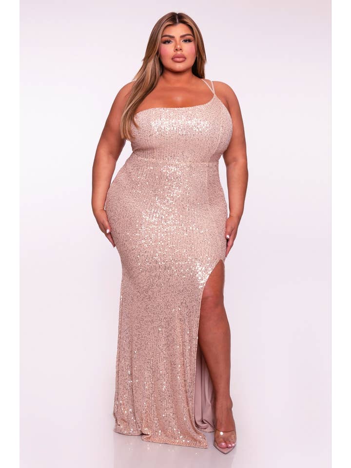 CHAMPAGNE P2166P1_DOUBLE STRAP HIGH SLIT SEQUINS DRESS for wholesale on Faire