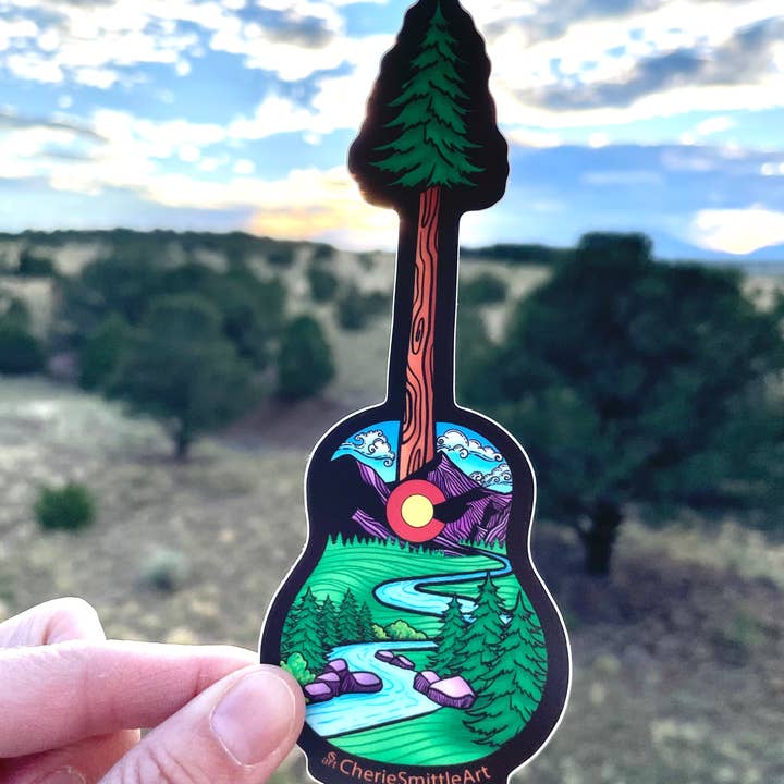 CherieSmittleArt - Wholesale Sticker - Idaho Springs CO Guitar Tree Sticker, Guitar Sticker1