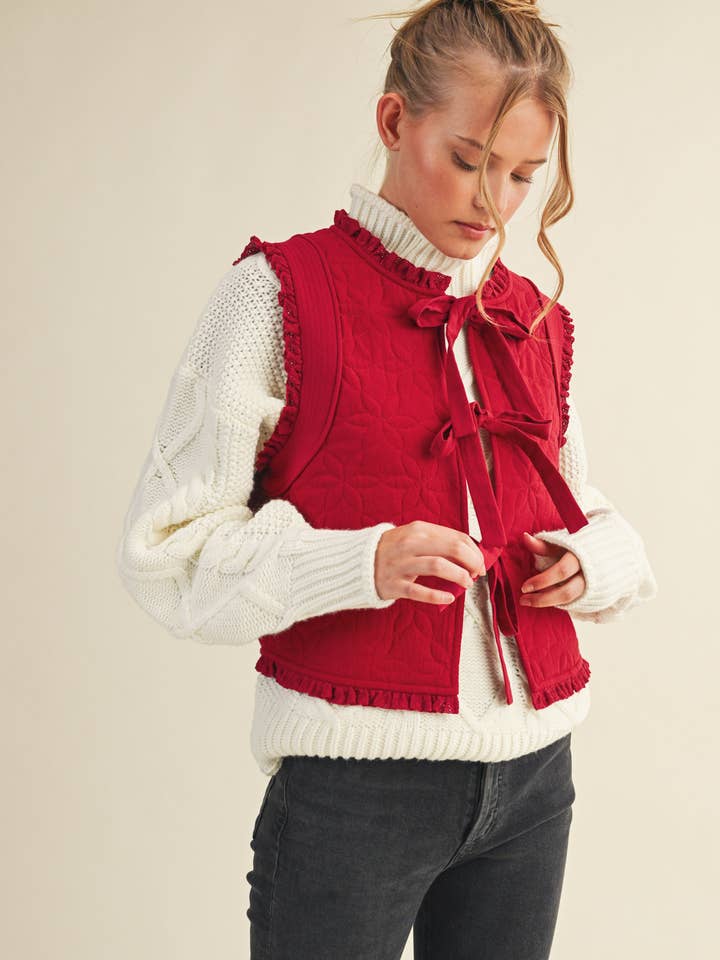 &MERCI - Wholesale Outerwear Vest - Women's - FLORAL QUILTED LACE TRIM BOW TYING VEST MJK411322