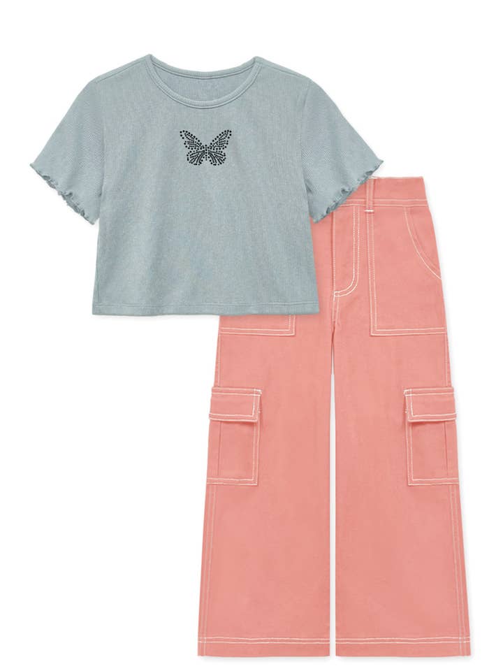 Heather Grey Blush Pink GKSS-Y24-3603B Girl's 2 pc Top & Pant Set w/Butterfly Rhine for wholesale on Faire