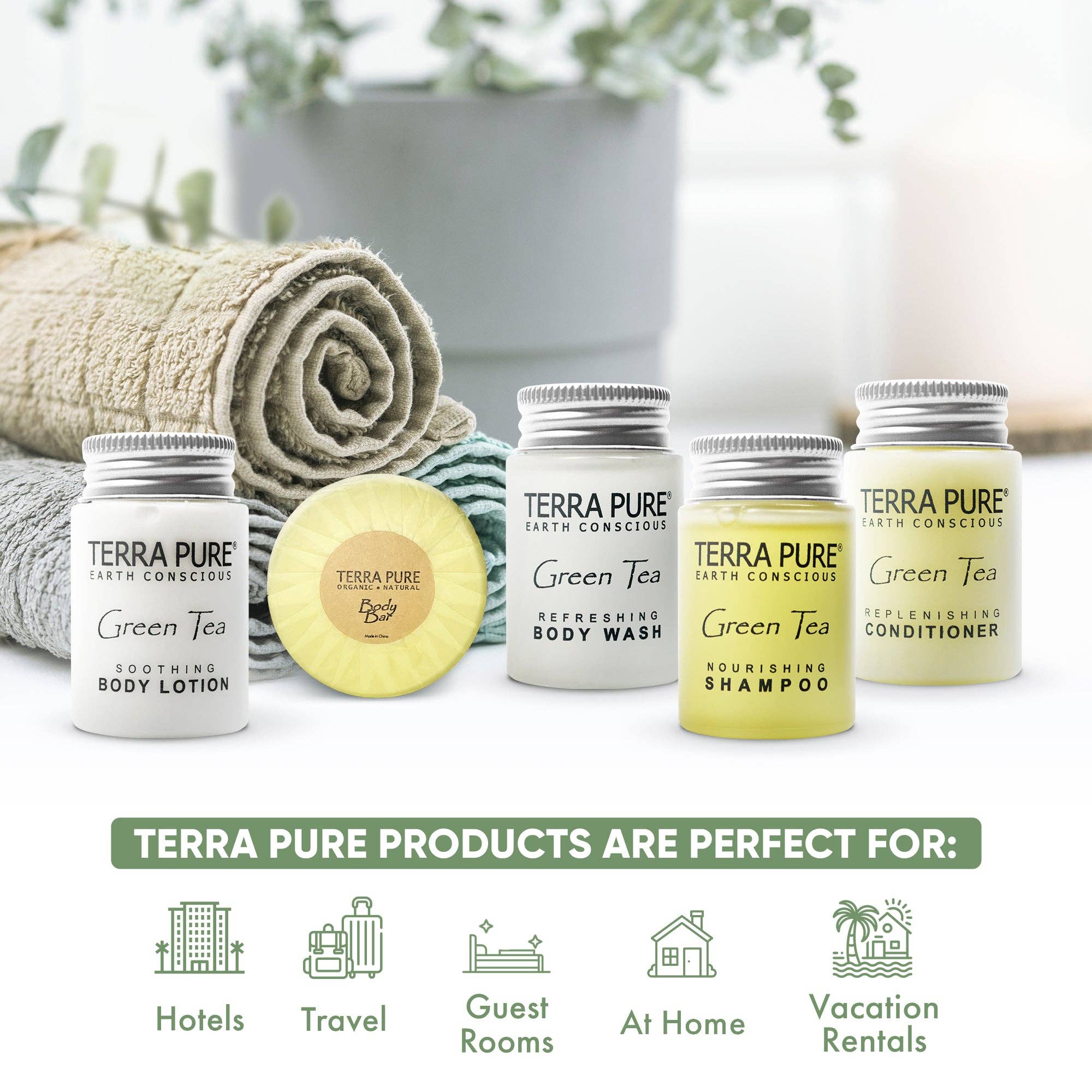 Diversified Hospitality Solutions - Wholesale Bath & Body Set - Terra Pure Hotel Soaps and Toiletries Bulk Set | 1-Shoppe All-In-Kit Amenities for Hotels | 1 oz. Hotel Shampoo & Conditioner, Body Wash, Body Lotion & 1.25oz Bar Soap Travel Size Toiletries | 75 Pieces1