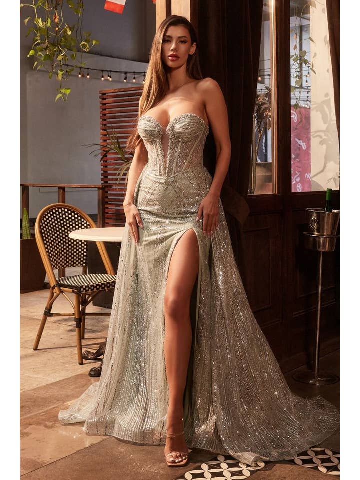 Tux-USA® - Wholesale Gown - Women's - Strapless Glitter Printed Gown & Overskirt5