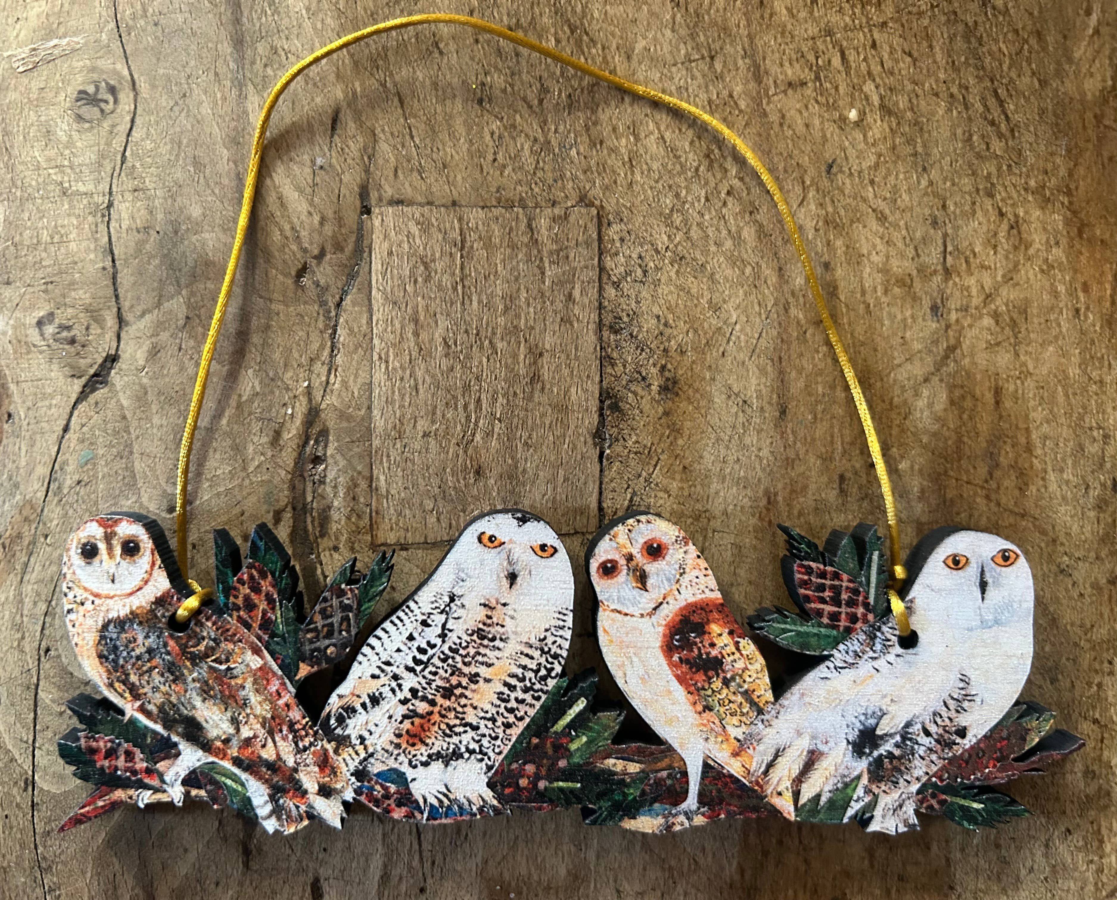 Clare O’Neill Artworks – wholesale Ornament – Winter Owls on a branch birch plywood decoration 4