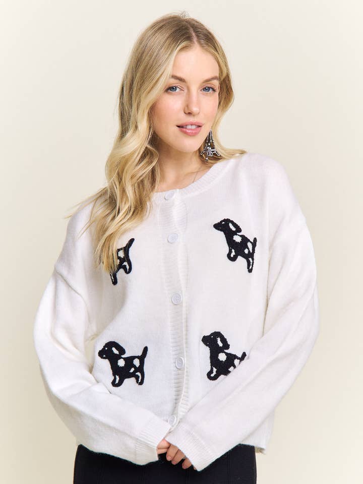 CESW4225-BUTTON FRONT CARDIGAN DOG EMBROIDERY for wholesale by ADORA LA