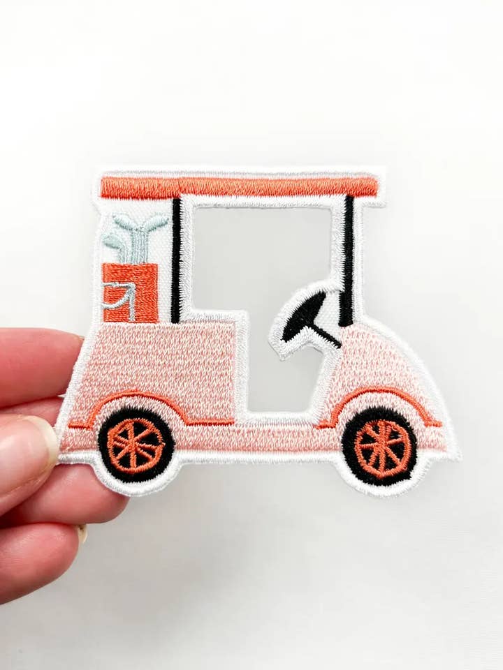 Pink Golf Cart Iron-On Patch Embroidered Patch Sports Fan for wholesale by Field Trip Threads
