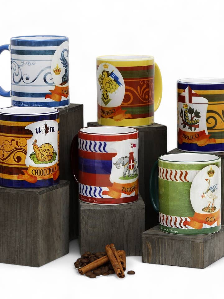 PALIO DI SIENA : Lot de 6 tasses imprimées en porcelaine : CHIOCCIOLA+ONDA+DRAGO+BRUCO+TORRE+OCA pour la vente par SublimArt