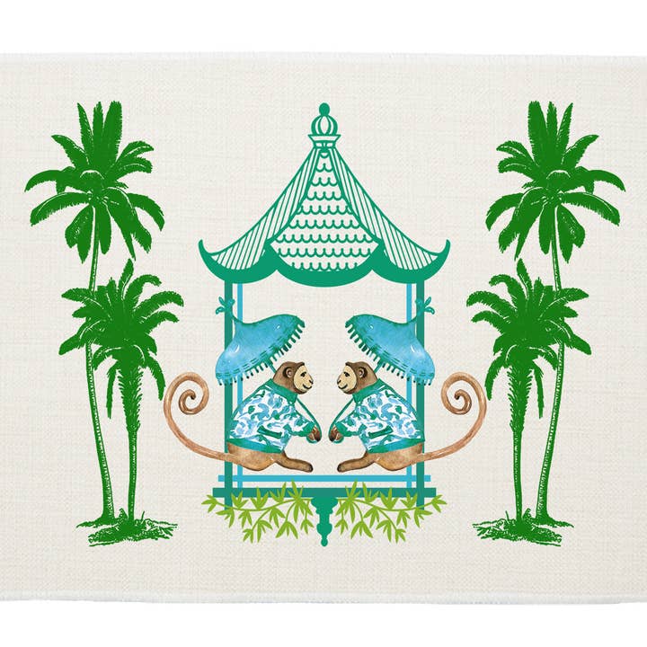 Marye-Kelley - Wholesale Placemat - Chic Monkey With Palms Aqua and Green Linen Placemats