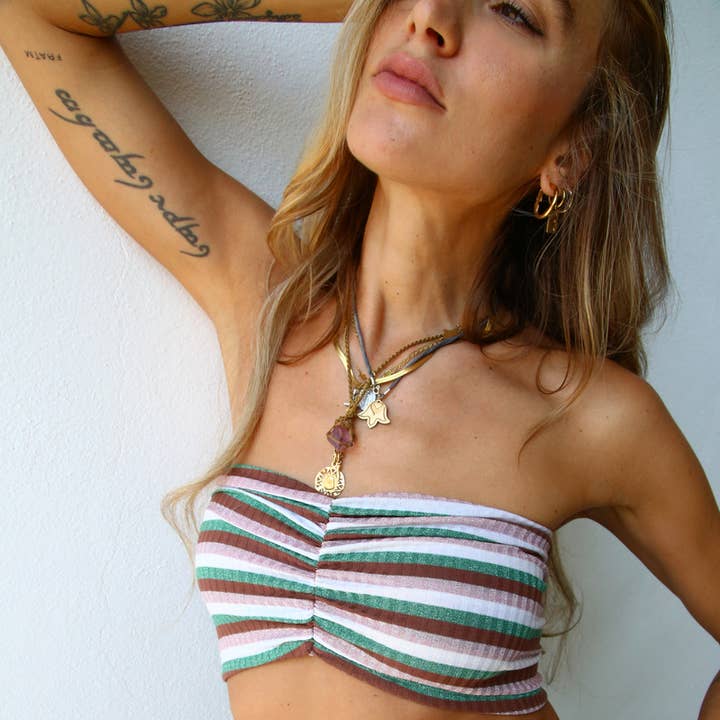 RUCHED STRIPED MULTICOLOR BANDEAU TOP and other Purchase Wholesale camisetas lisas 100 algodão. Free Returns & Net 60 Terms on Faire trending on Faire.