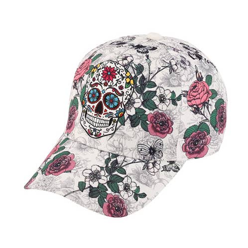 Ladies Mardi Gras Skull Flower Baseball Cap Hat for wholesale by Nima Accessories Inc