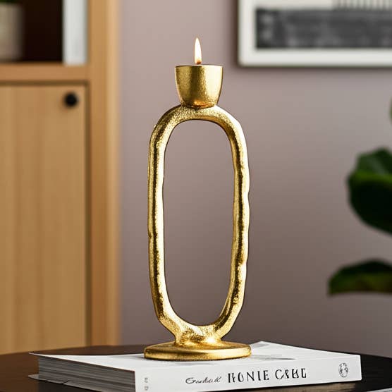 Candle Holder - Gold Metal Taper with Open Oval Base , 8 in. for wholesale by Sagebrook Home