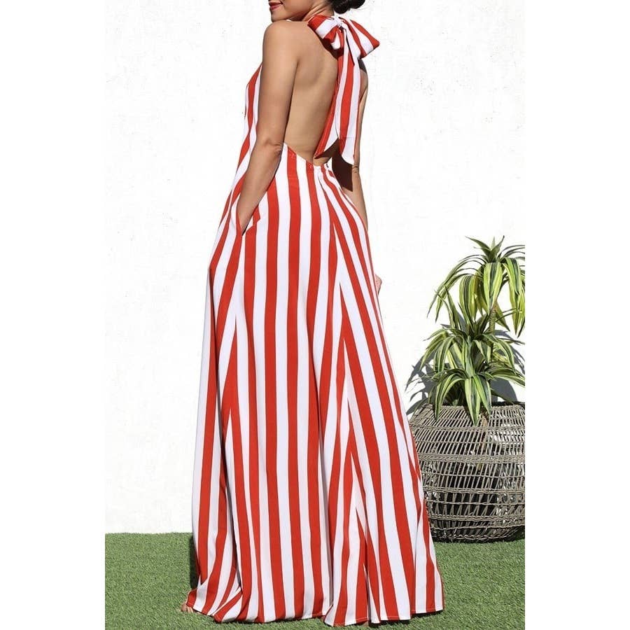 Esmeray Clothing - Wholesale Dress - Women's - Striped Halter Neck Maxi Dress with Side Pocket8