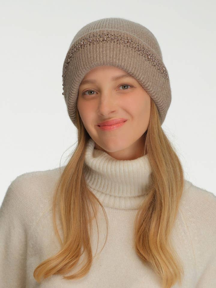 HTC0067 Pearl and Rhinestone Angora Cuff Beanie for wholesale by MiMi Wholesale