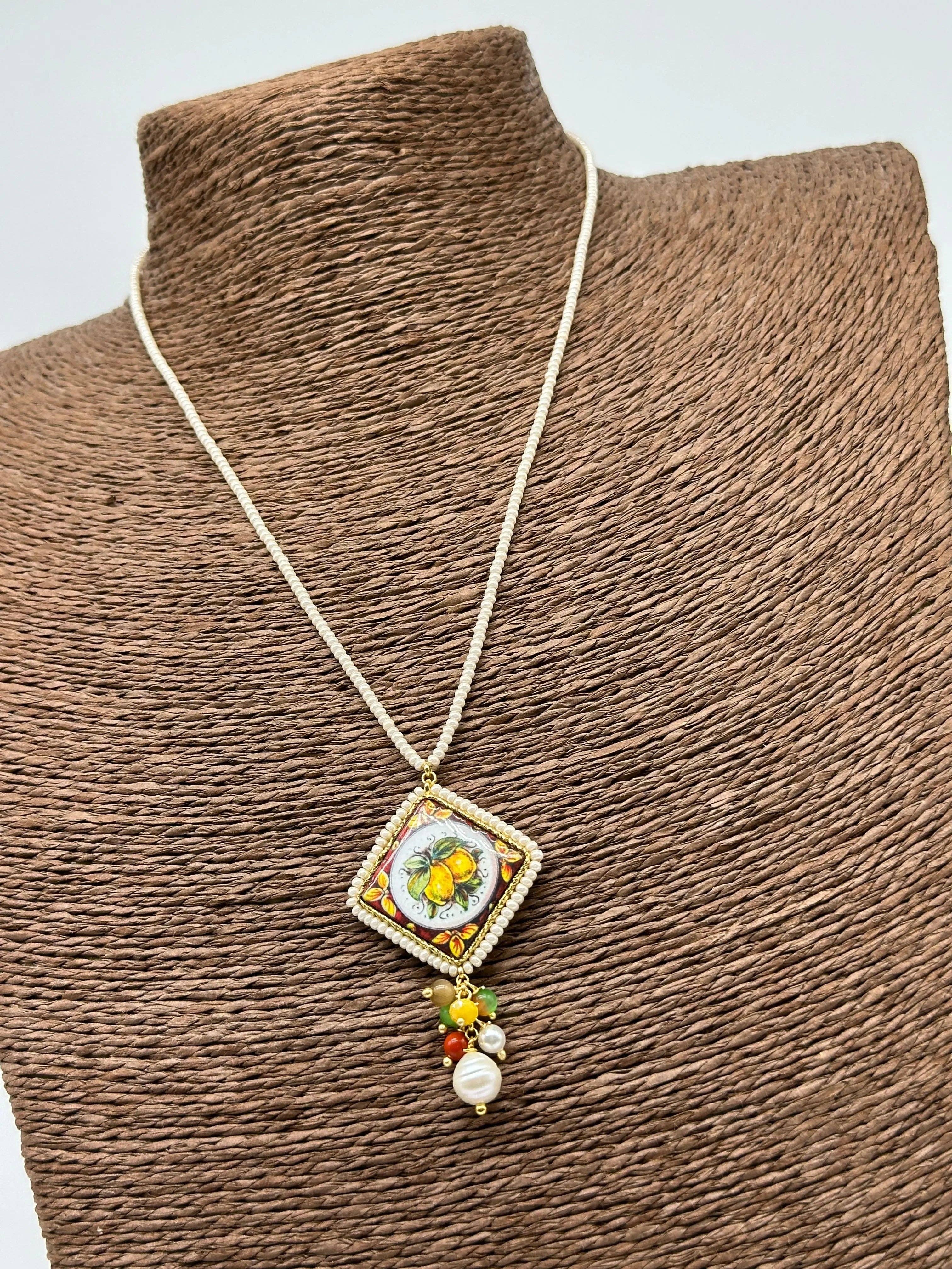 DD Ceramiche Siciliane - Wholesale Pendant/Charm Necklace - Caltagirone Ceramic Tile Necklace, Lemons Decor, frame and chain, white beads2