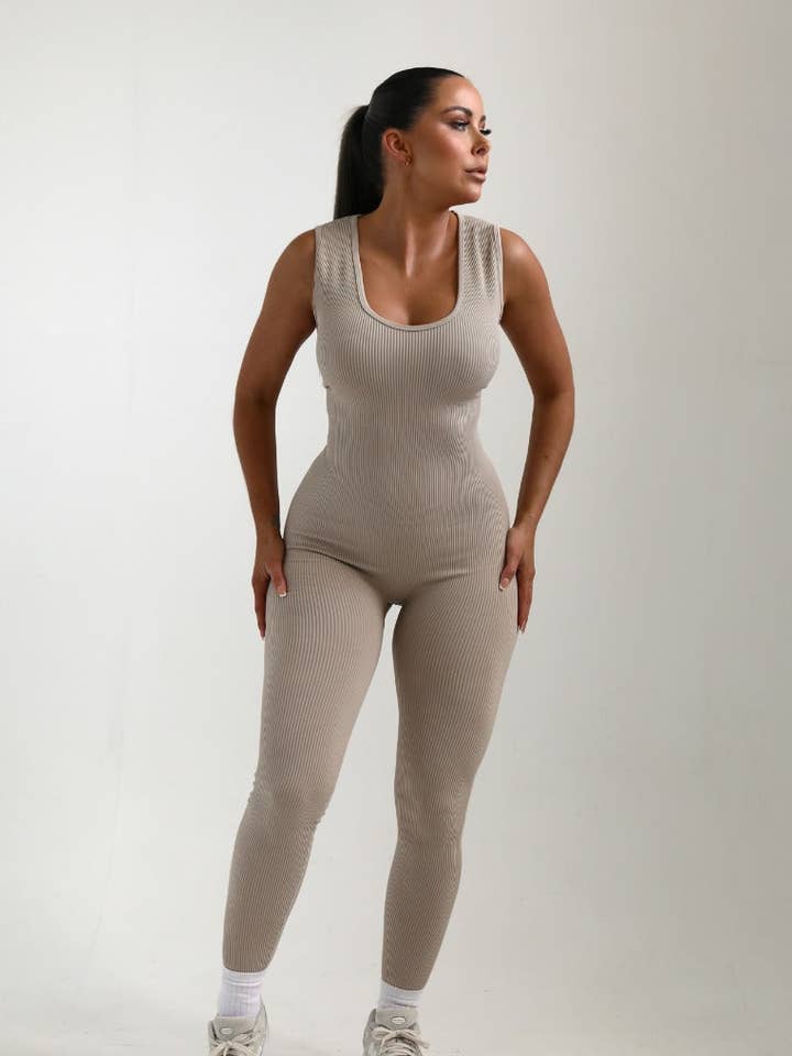 Stone Ribbed Sleeveless Fitted Jumpsuit - Tahlia for wholesale by Femme Luxe