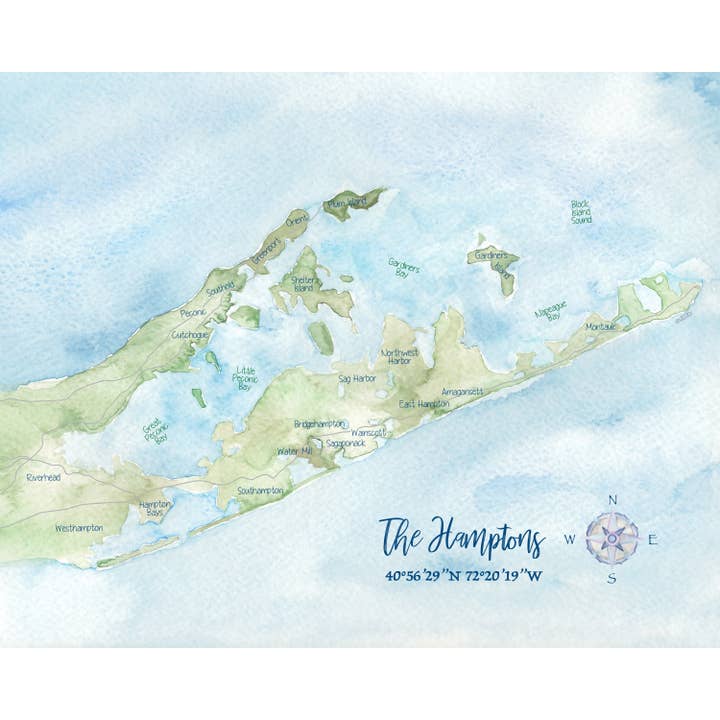 Hamptons NY Hand-painted Watercolor Map - Art Print for wholesale by Molly Joseph Fine Art