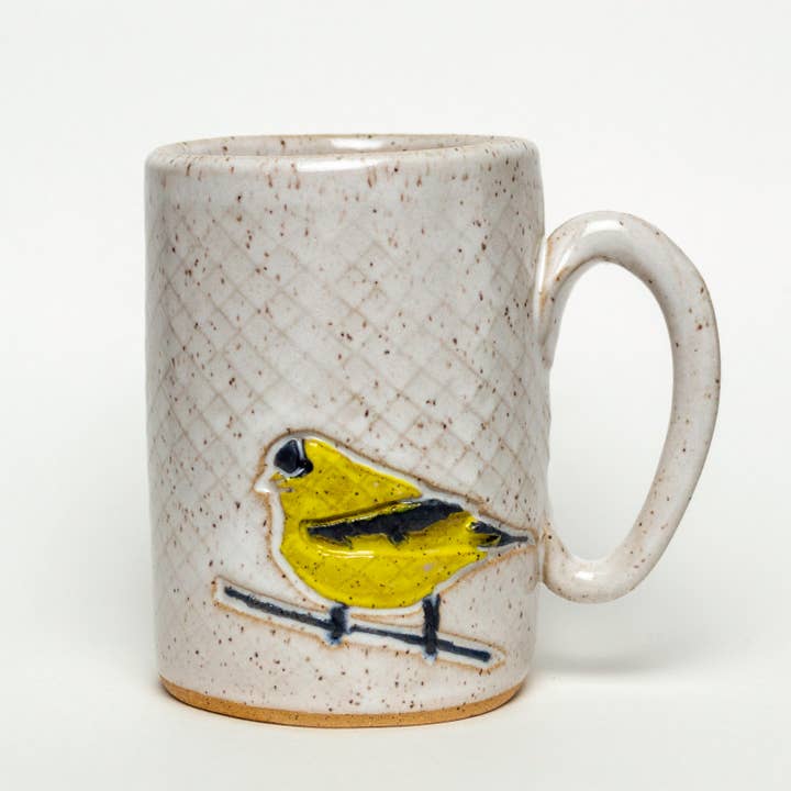 White Squirrel Clayworks – wholesale Coffee mug – Goldfinch Pattern Handmade in Ohio Ceramic White 14oz Mug