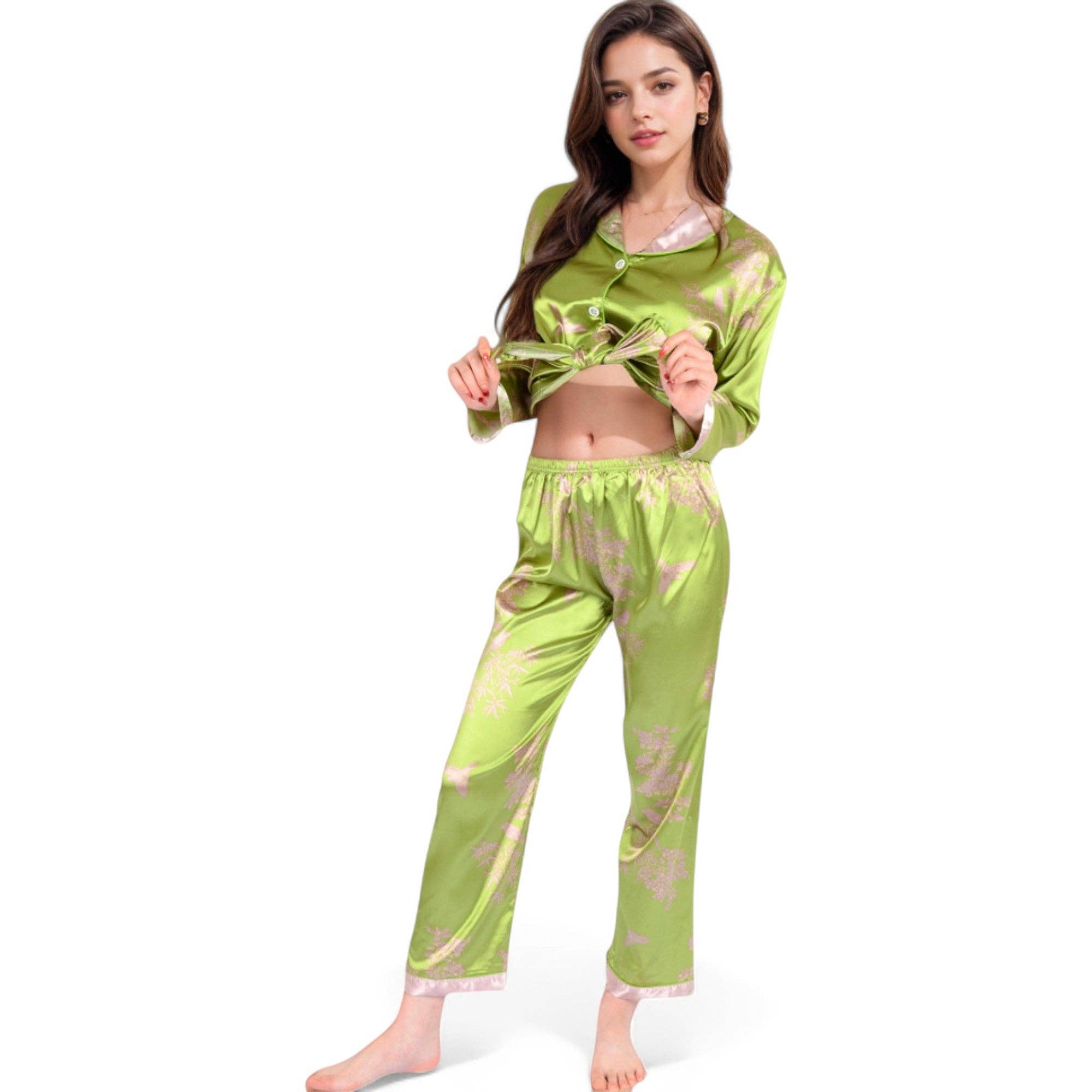 Vert Ensemble de pyjama en satin à imprimé bambou avec bordure contrastante en vente sur Faire3
