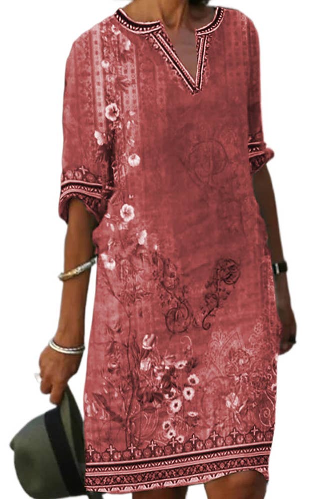 UNISHE - Vente Robe – femme - Robe t-shirt à col en V avec imprimé floral ethnique ZZKF8021