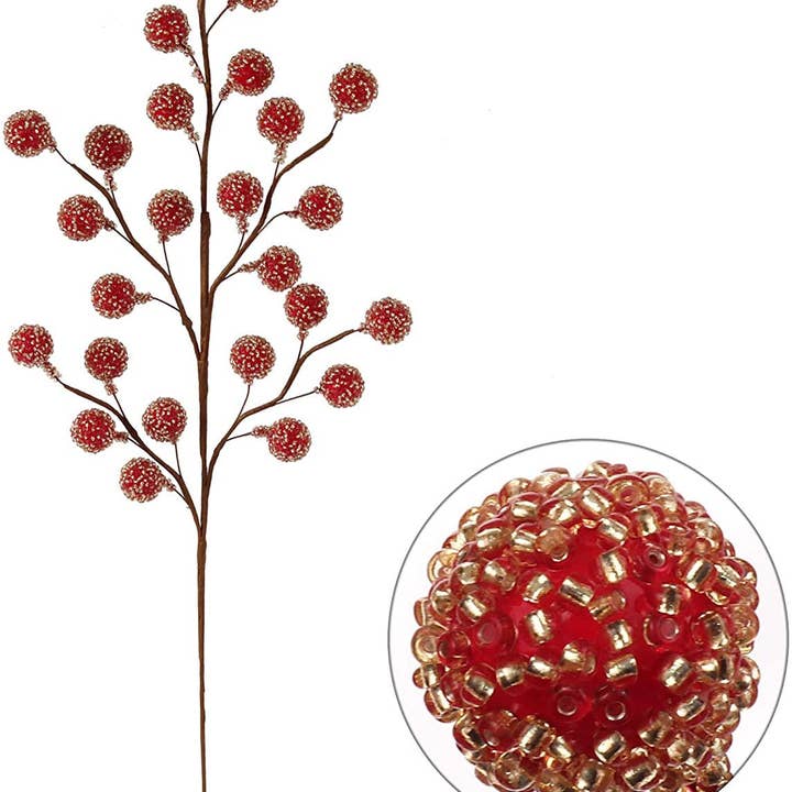 Larksilk - Wholesale Christmas Decoration - Beaded Red Berry Spray 25 Berries- 17" Christmas Collection