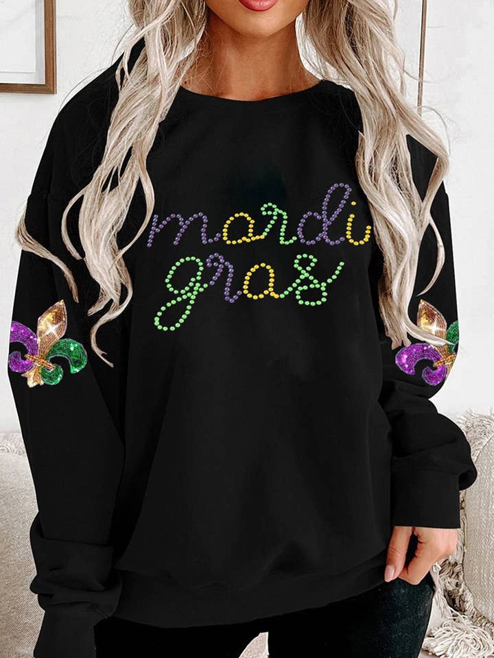 Black Ceramic Rhinestone mardi gras Letter Graphic Sweatshirt for wholesale by Lovesoft