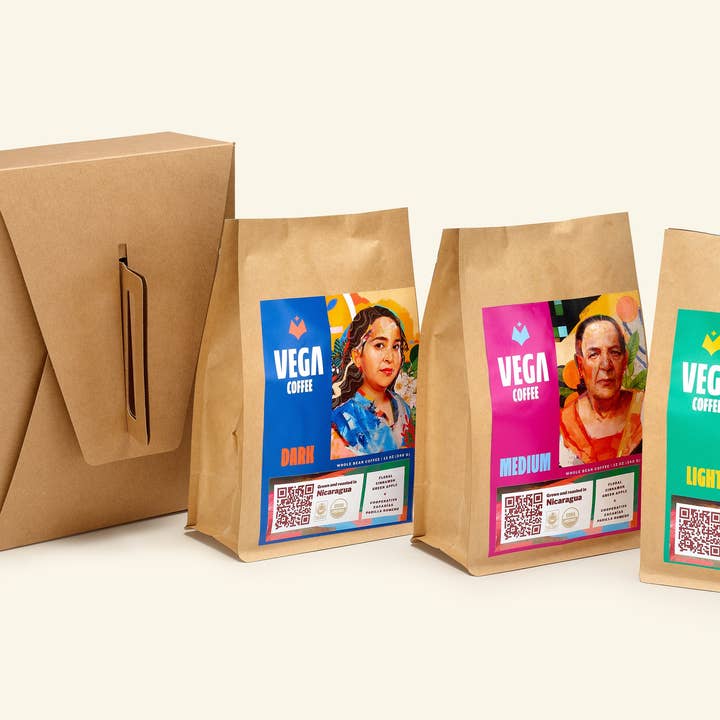 Échantillon de rôti, haricots entiers - sacs de 3 x 12 oz (paquet de 2) pour la vente par Vega Coffee