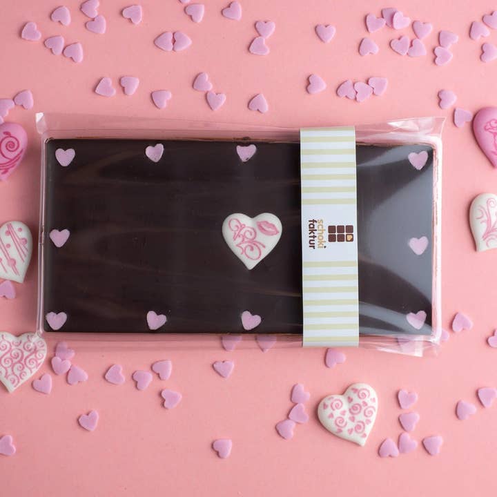 Dark chocolate bar with sugar hearts for wholesale by Schokifaktur