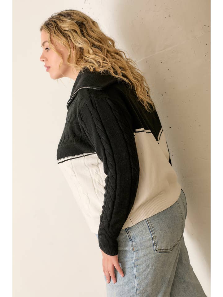 BLACK IVORY (PLUS SIZE) Two-Toned Cable Knit Sweater for wholesale on Faire