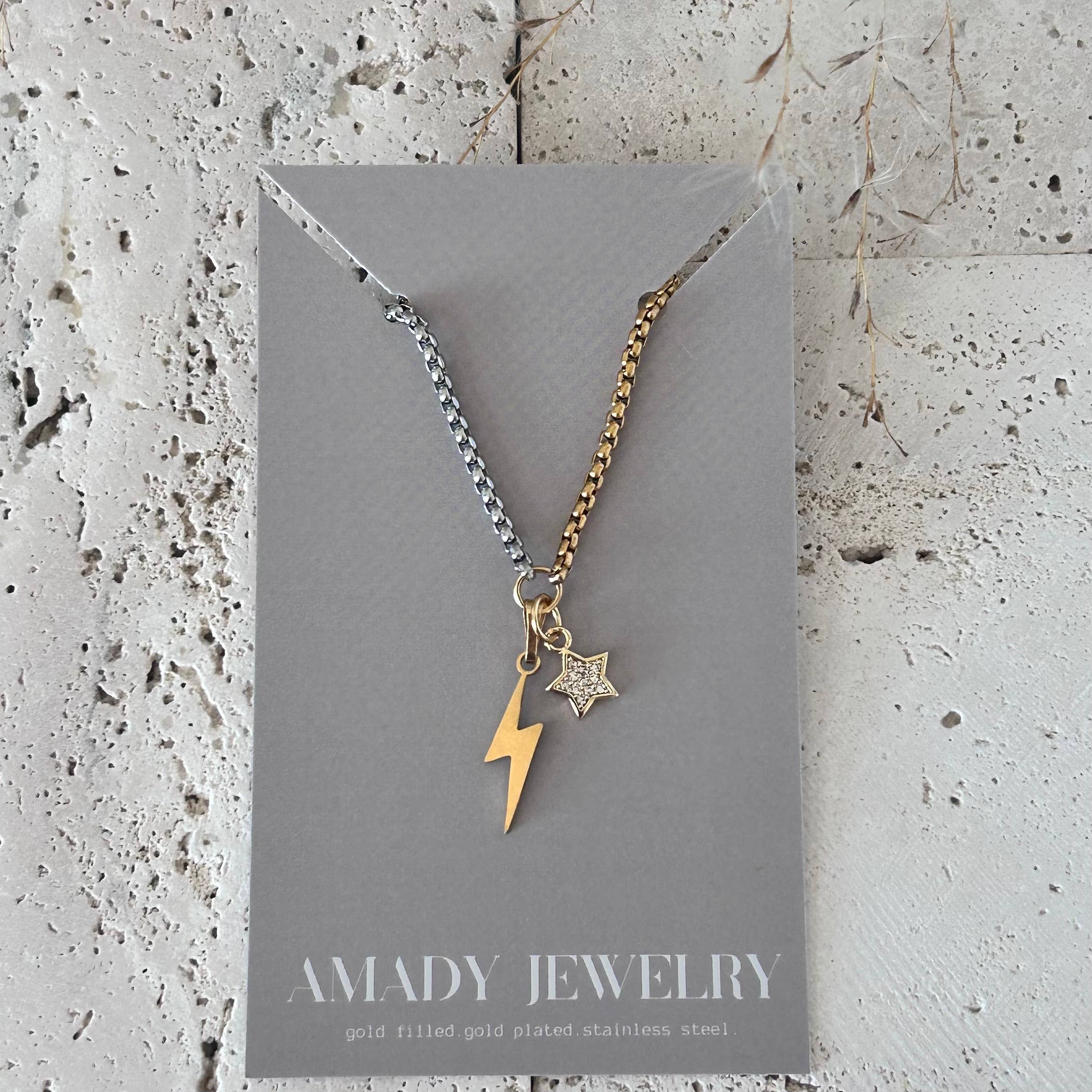 Amady Jewelry - Wholesale Pendant/Charm Necklace - Thunder and star charm pendant necklace two tone silver gold8