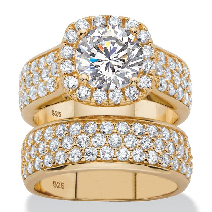 Cubic Zirconia Halo Bridal Ring Set in Gold-Plated Silver for wholesale by PalmBeach Jewelry