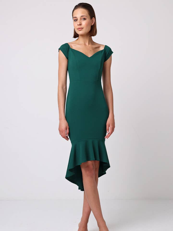 Bardot Sweetheart BodyCon Dress With Asymmetrical Frill Hem for wholesale by ANGELEYE