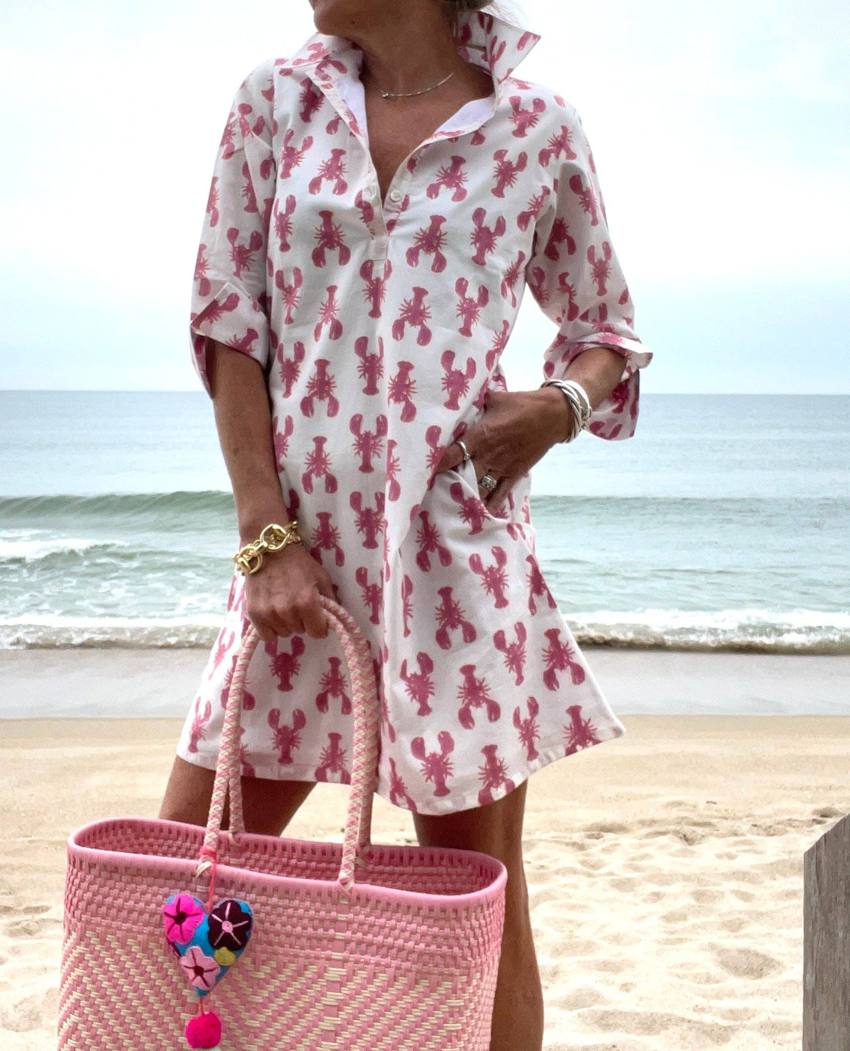 Pink Pineapple - Wholesale Dress - Women's - 3/4 Sleeve Sconset Lobster Print Dress0