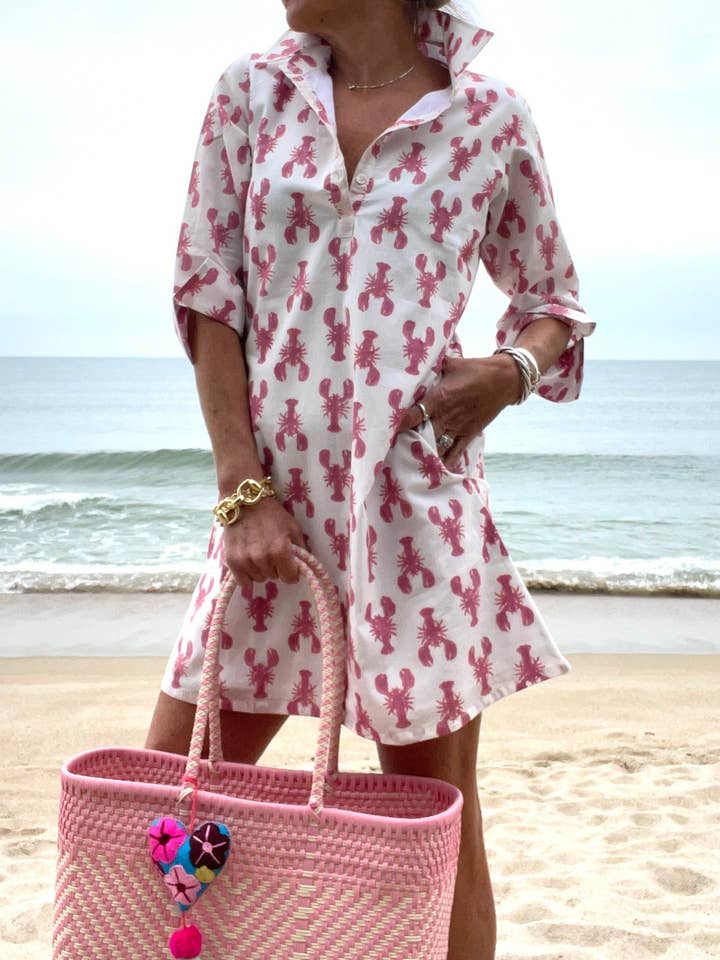 3/4 Sleeve Sconset Lobster Print Dress for wholesale by Pink Pineapple