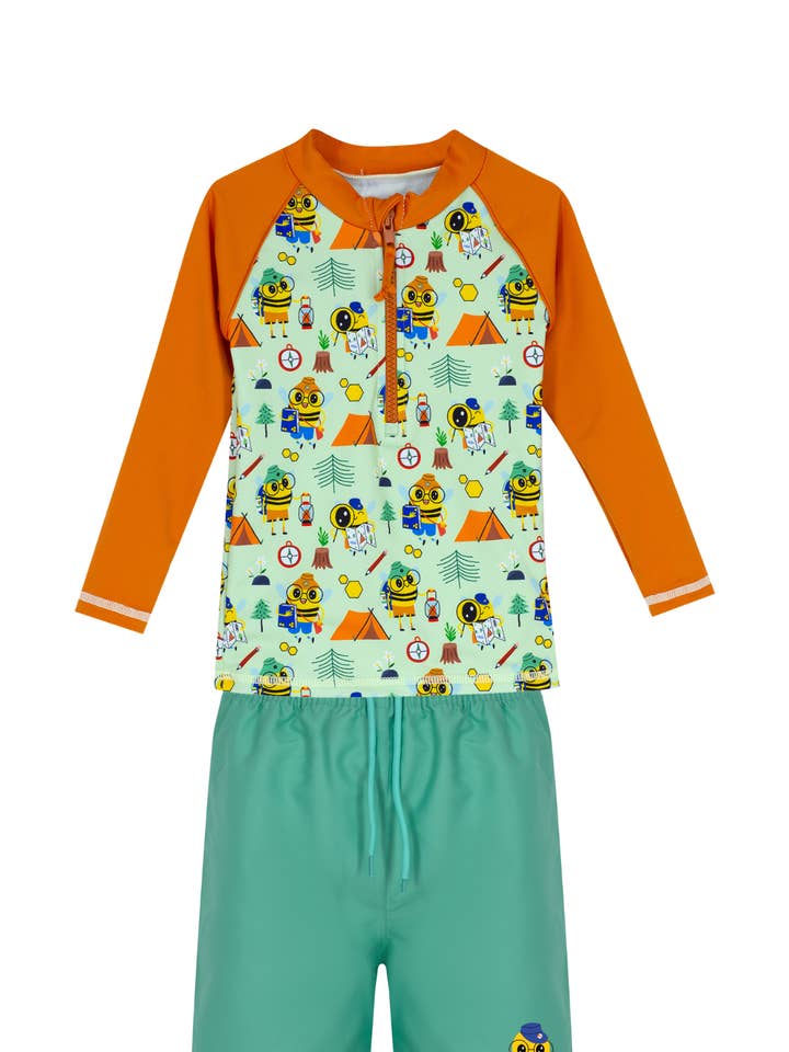 Bee Print UPF50+ Boys Swim Set (Rashguard + Green Short) for wholesale by Daring Littles