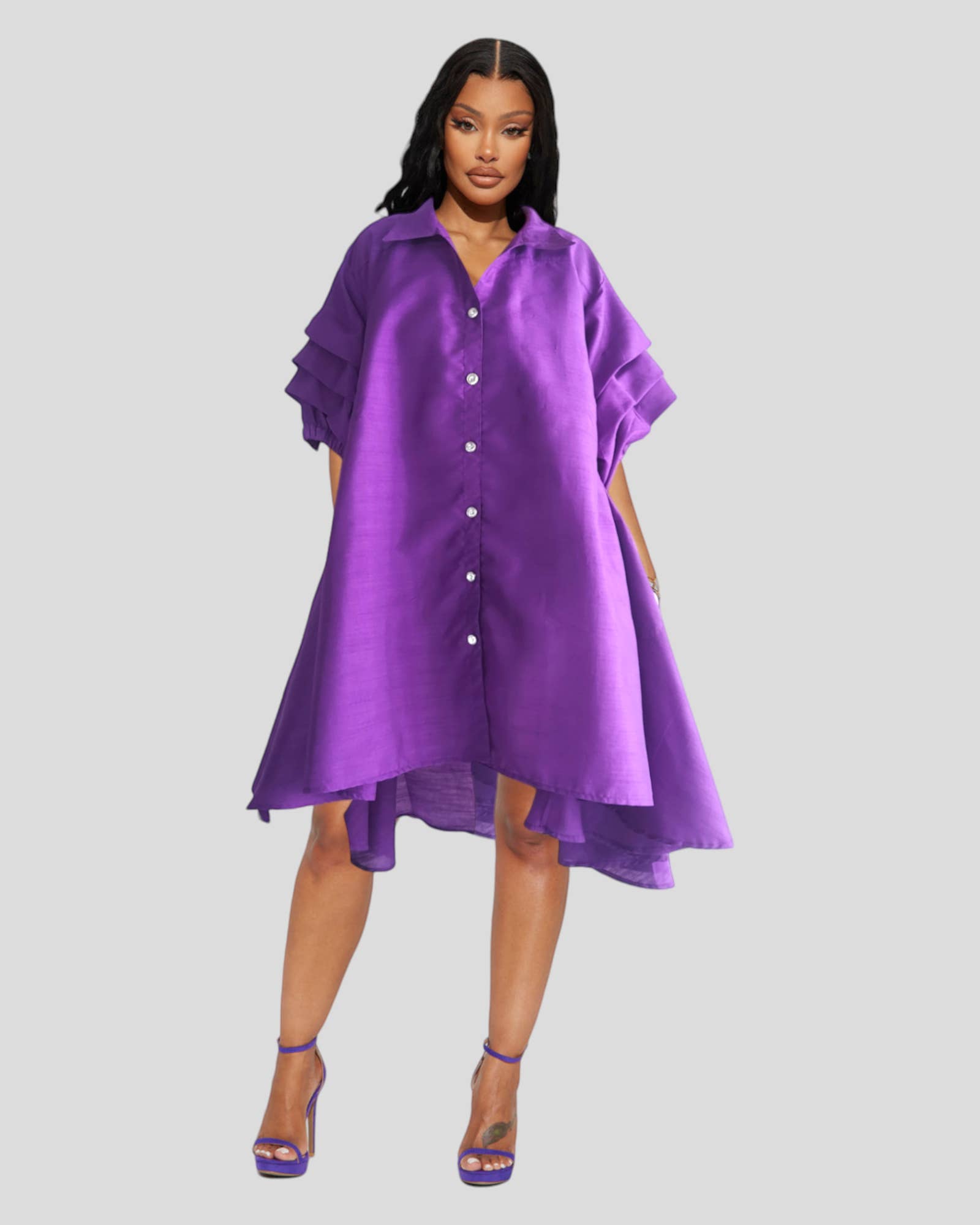 India Batik - Wholesale Dress - Women's - Swing Dress/ Faux Silk/ Ruffle Sleeve - Purple