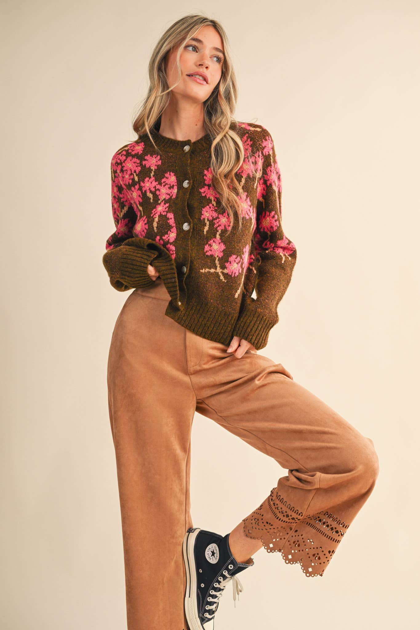 &MERCI - Wholesale Cardigan - Women's - FLORAL KNIT BUTTON DOWN SWEATER CARDIGAN MSW1123848