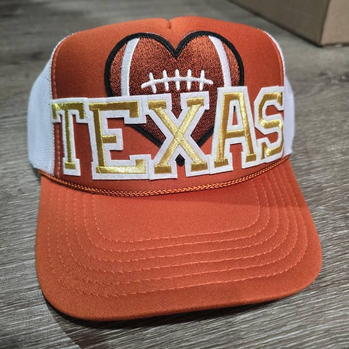 Patchwrx Customs Hat Bar - Wholesale Trucker Hat - Women's - Texas Longhorns Football Heart Football Trucker Hat0