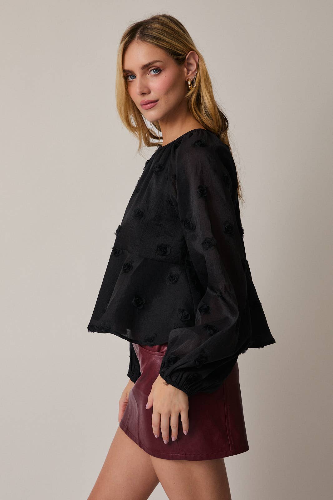 Sunday Edition - Wholesale Blouse - Women's - ROUND NECK LONG SLEEVE TIERED MESH BLOUSE2