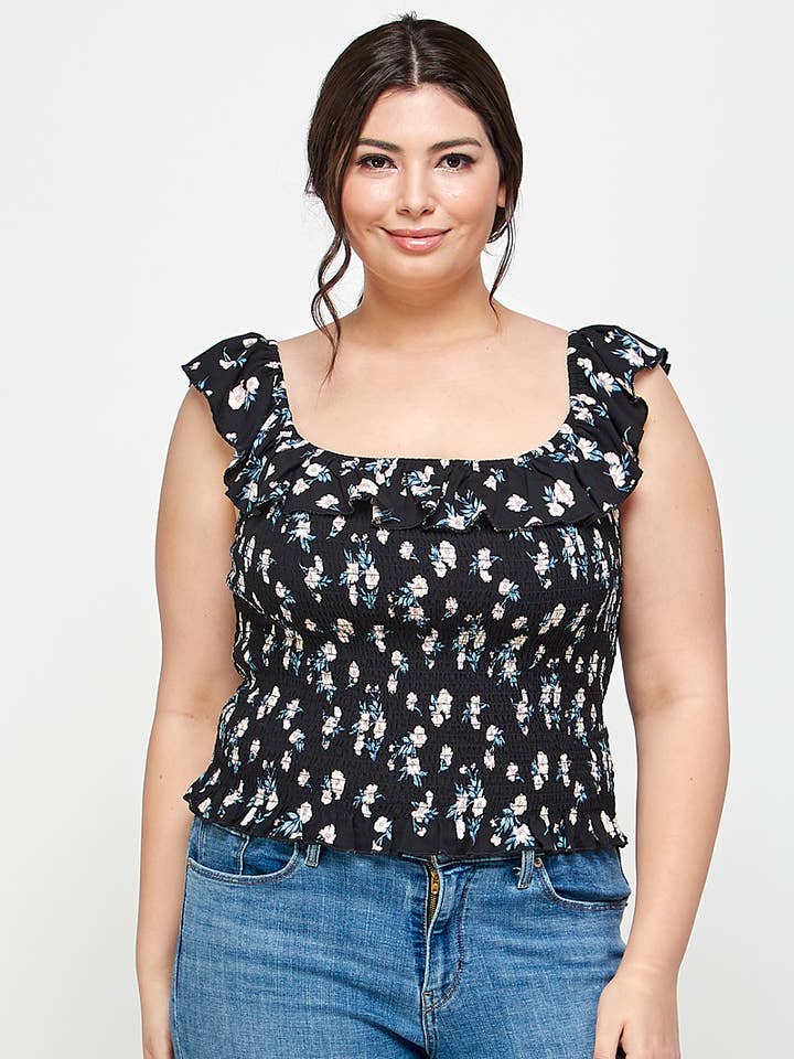 Plus Size Floral Smocked Ruffle Top SS2195P-2T for wholesale by Haute Fox Plus Size & Contemporary