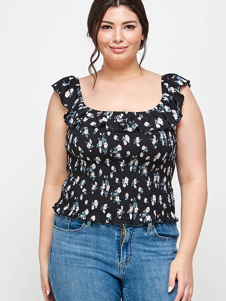 Plus Size Floral Smocked Ruffle Top SS2195P-2T for wholesale by Haute Fox Plus Size & Contemporary