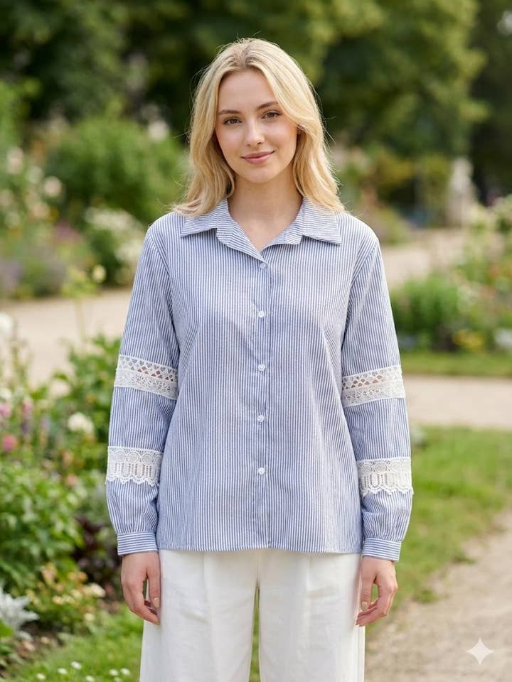 Stribet skjorte med broderede ærmer for engroshandel hos VICTORIA&ISAAC