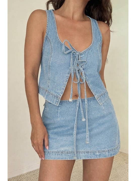 2 Piece Denim FrontTie Sleeveless Top Skort Sets for wholesale by Et Clet