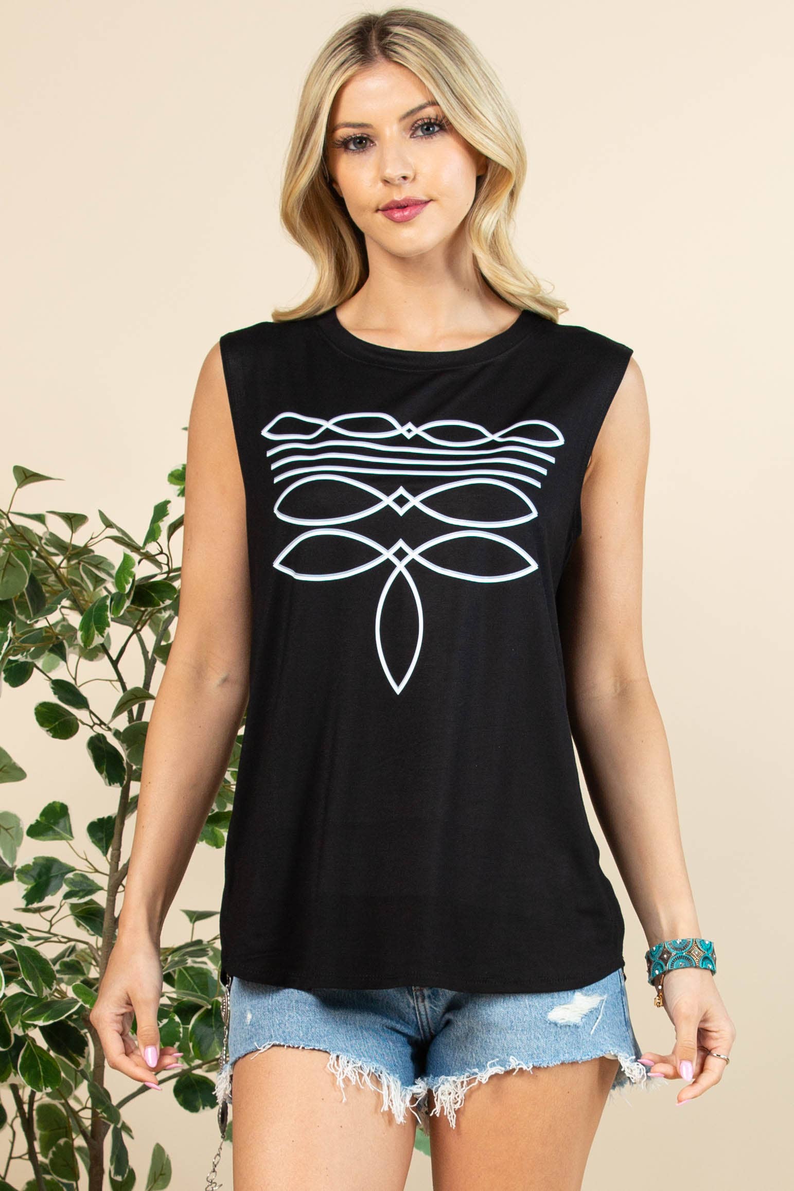 Schwarz/Weiss AV079-THELMA VINYL-TOP MIT STIEFELSTICH UND GRAFIK für den Großhandel auf Faire12