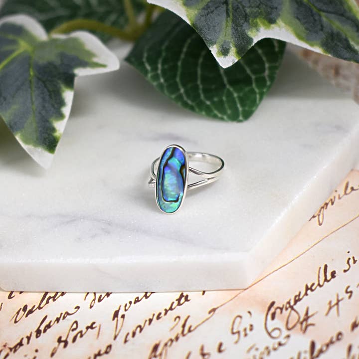 Bronwen long oval split shank paua shell ring for wholesale by Kali Ma Designs - Sterling Silver Jewellery